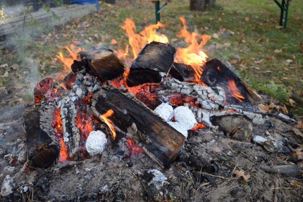 Zdjęcie przedstawia palące się ognisko. Gdzieniegdzie widoczne owinięte w srebrną folię ziemniaki.