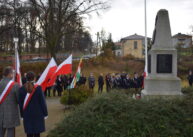 Po prawej stronie zdjęcia znajduje się pomnik ustawiony na niewielkim wzniesieniu. Obok stoją ludzie z biało czerwonymi szarfami. W ich pobliżu stoją flagi. W tle stoi grupa ludzi.